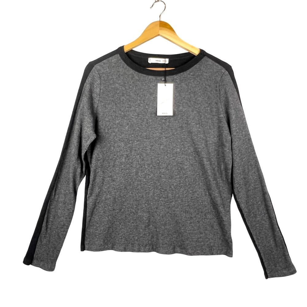 NEW Mango Colorblock Sweater Womens Dark Gray/Black Ribbed Long Sleeve XXL